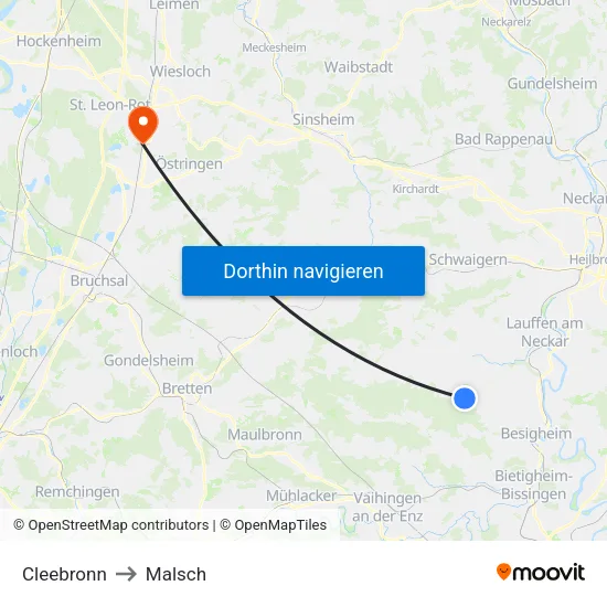 Cleebronn to Malsch map