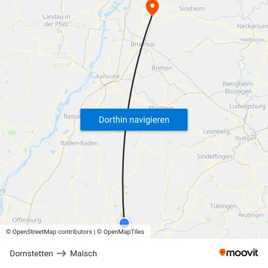 Dornstetten to Malsch map