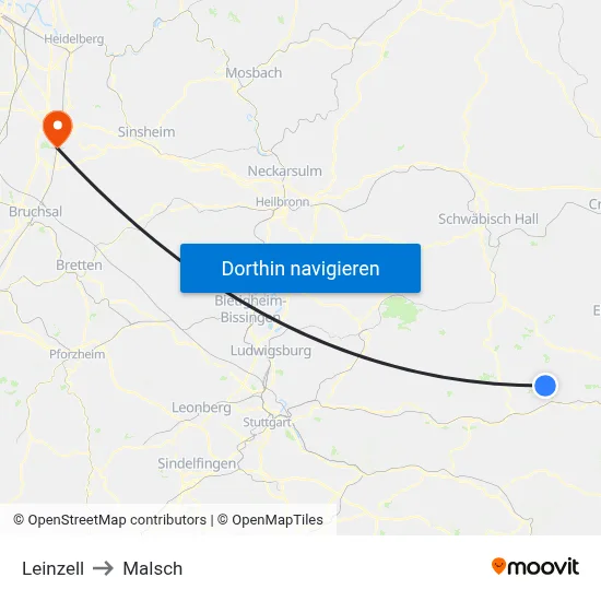Leinzell to Malsch map