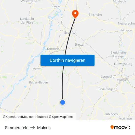 Simmersfeld to Malsch map