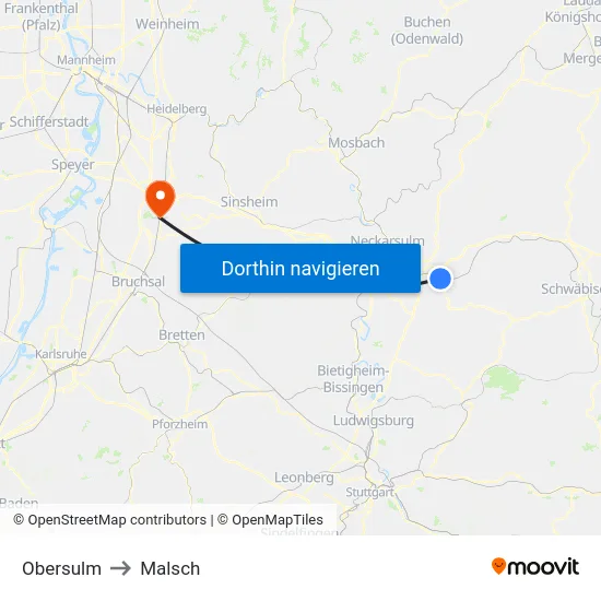 Obersulm to Malsch map
