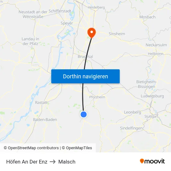 Höfen An Der Enz to Malsch map