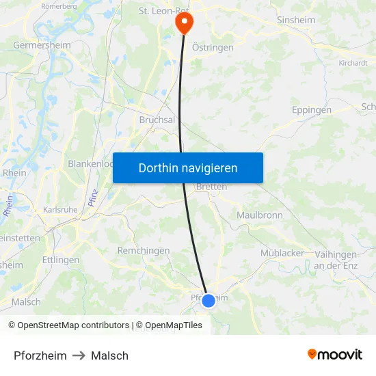 Pforzheim to Malsch map