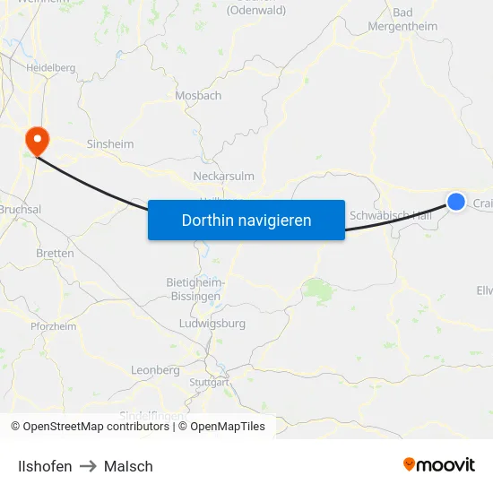 Ilshofen to Malsch map