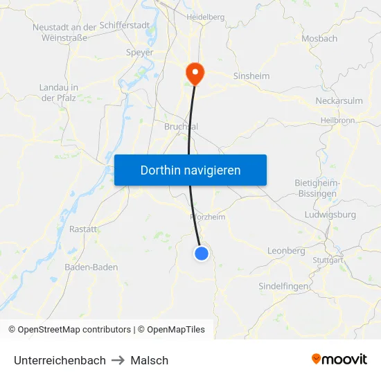 Unterreichenbach to Malsch map