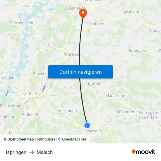 Ispringen to Malsch map