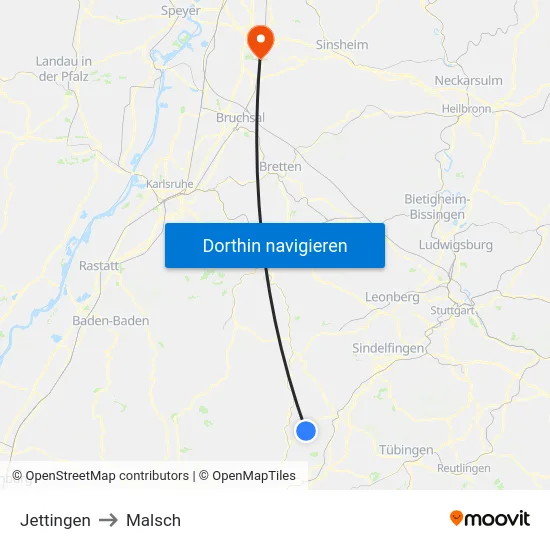 Jettingen to Malsch map