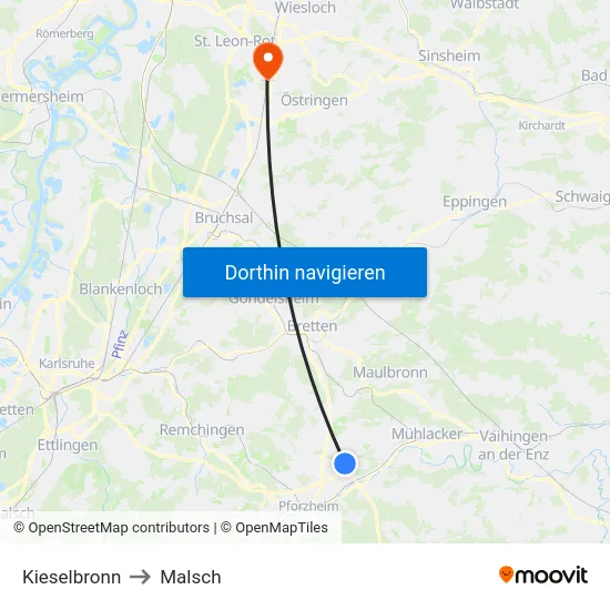 Kieselbronn to Malsch map