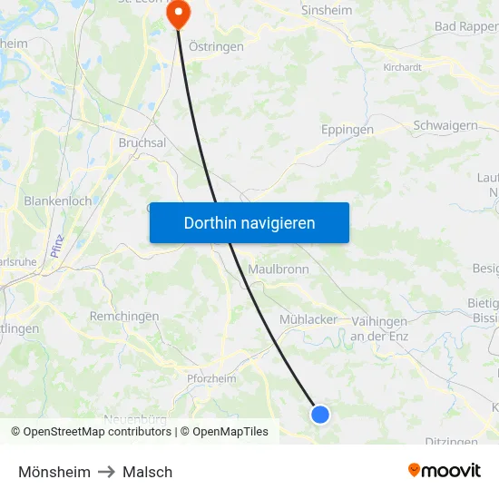Mönsheim to Malsch map