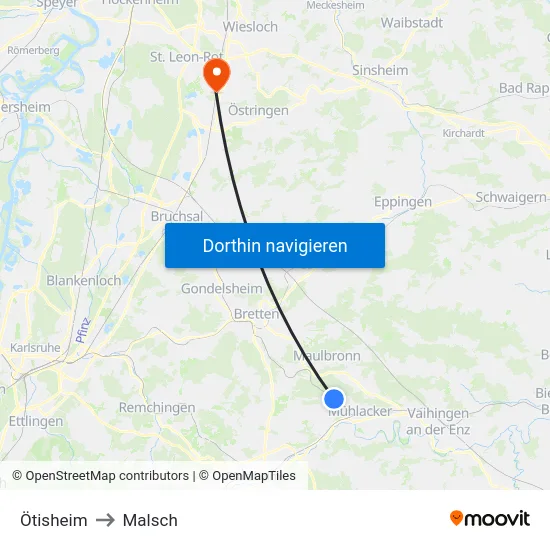 Ötisheim to Malsch map