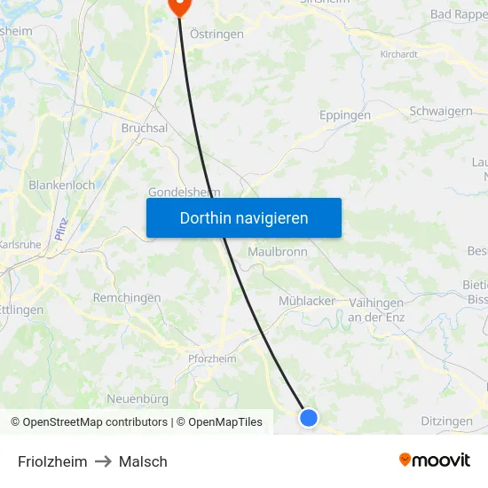 Friolzheim to Malsch map