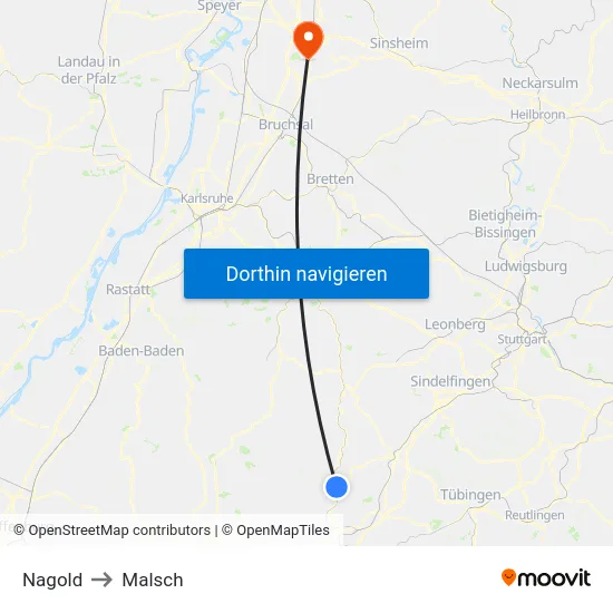 Nagold to Malsch map