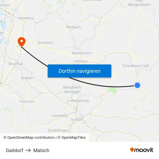 Gaildorf to Malsch map