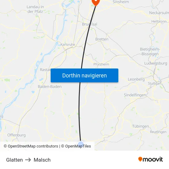 Glatten to Malsch map
