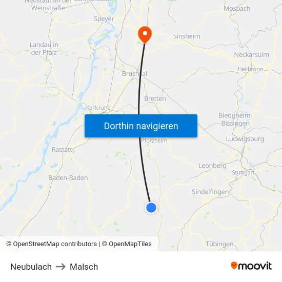 Neubulach to Malsch map