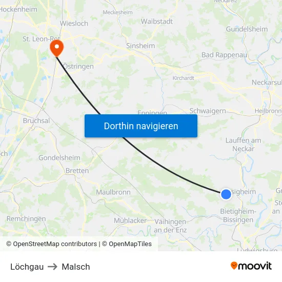Löchgau to Malsch map