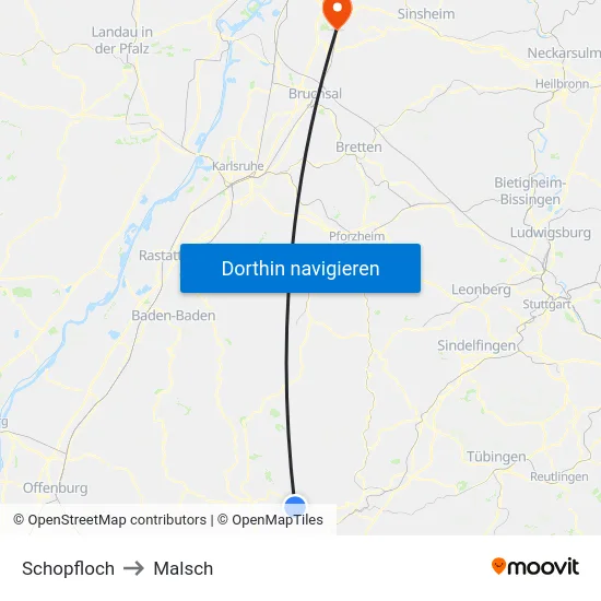 Schopfloch to Malsch map