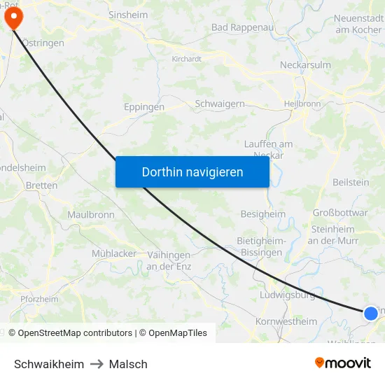 Schwaikheim to Malsch map