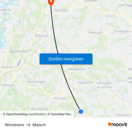 Wimsheim to Malsch map