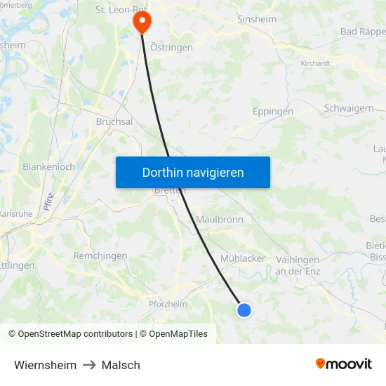 Wiernsheim to Malsch map