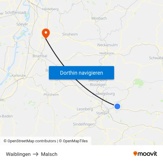 Waiblingen to Malsch map