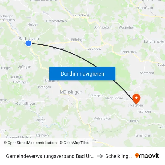 Gemeindeverwaltungsverband Bad Urach to Schelklingen map
