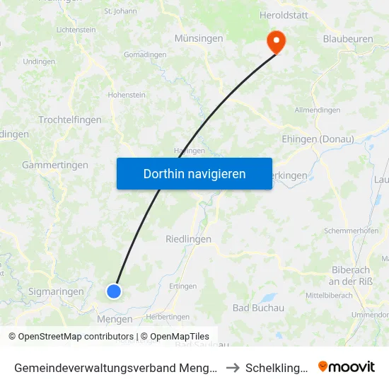Gemeindeverwaltungsverband Mengen to Schelklingen map