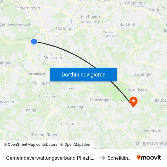 Gemeindeverwaltungsverband Pliezhausen to Schelklingen map