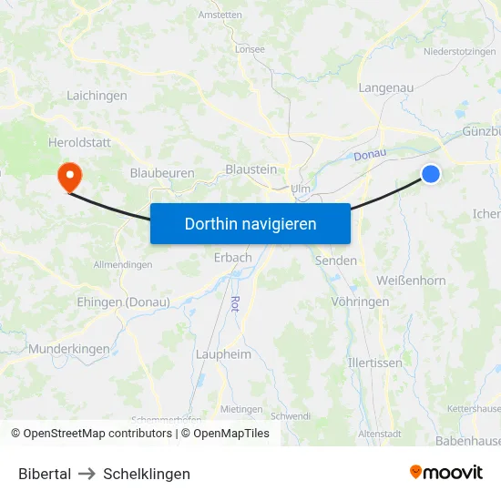 Bibertal to Schelklingen map
