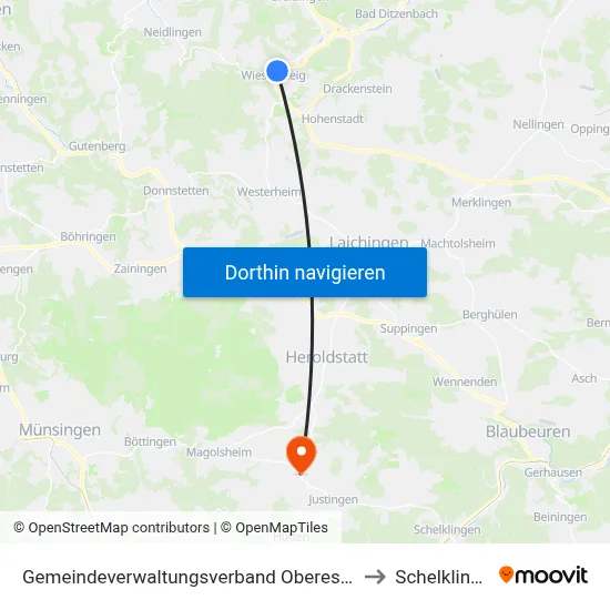 Gemeindeverwaltungsverband Oberes Filstal to Schelklingen map