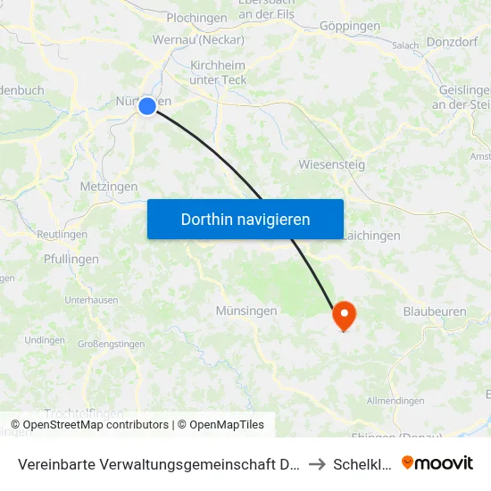 Vereinbarte Verwaltungsgemeinschaft Der Stadt Nürtingen to Schelklingen map