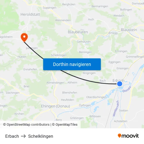 Erbach to Schelklingen map