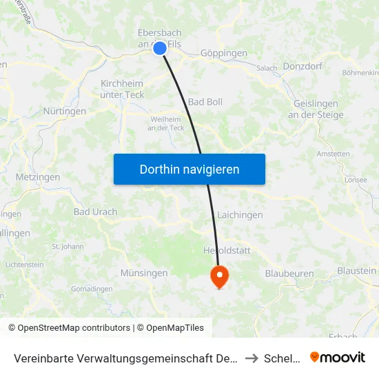 Vereinbarte Verwaltungsgemeinschaft Der Stadt Ebersbach An Der Fils to Schelklingen map
