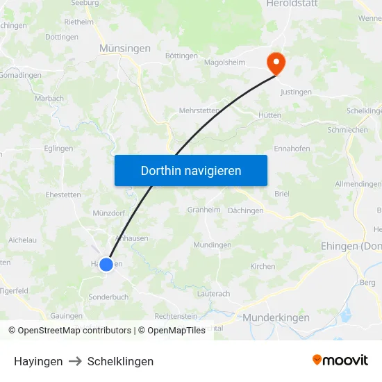 Hayingen to Schelklingen map