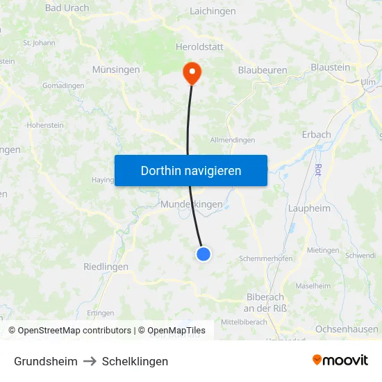 Grundsheim to Schelklingen map
