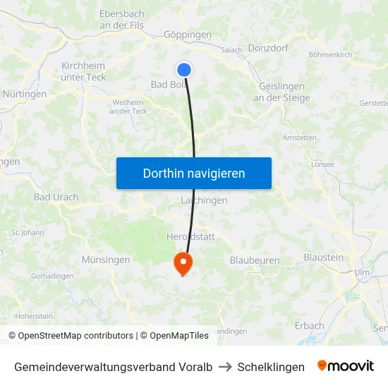 Gemeindeverwaltungsverband Voralb to Schelklingen map