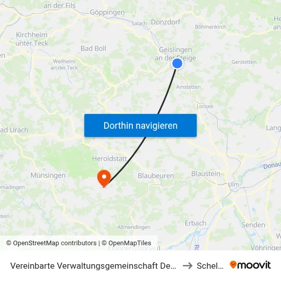 Vereinbarte Verwaltungsgemeinschaft Der Stadt Geislingen An Der Steige to Schelklingen map