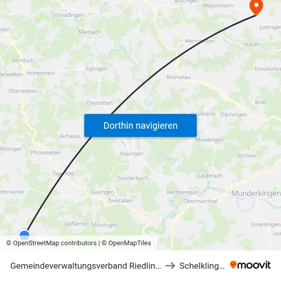 Gemeindeverwaltungsverband Riedlingen to Schelklingen map