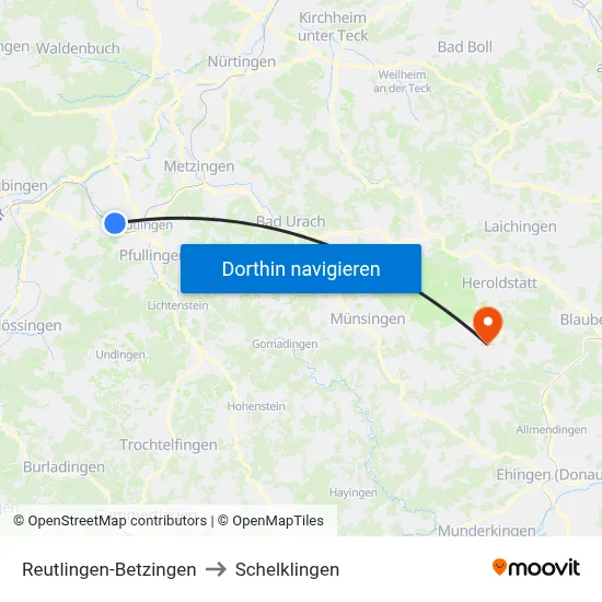 Reutlingen-Betzingen to Schelklingen map