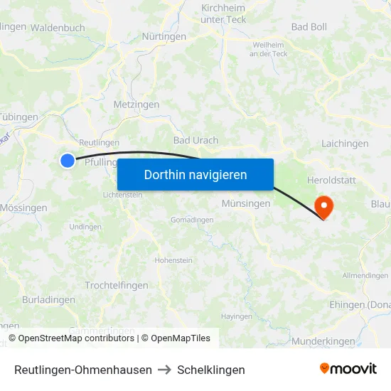 Reutlingen-Ohmenhausen to Schelklingen map
