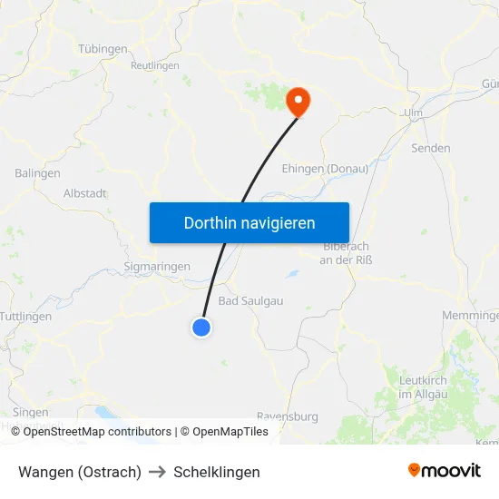 Wangen (Ostrach) to Schelklingen map
