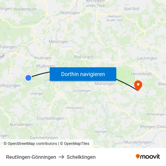 Reutlingen-Gönningen to Schelklingen map