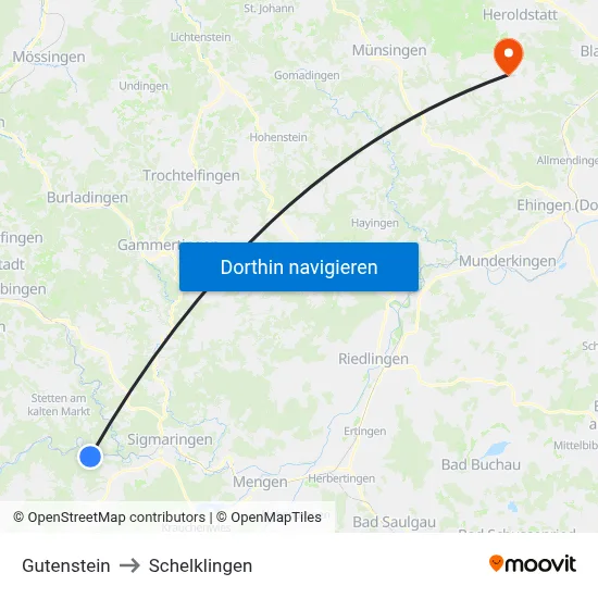 Gutenstein to Schelklingen map