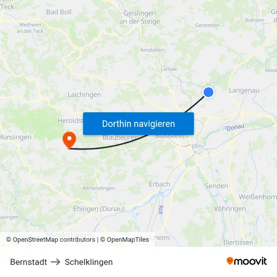 Bernstadt to Schelklingen map