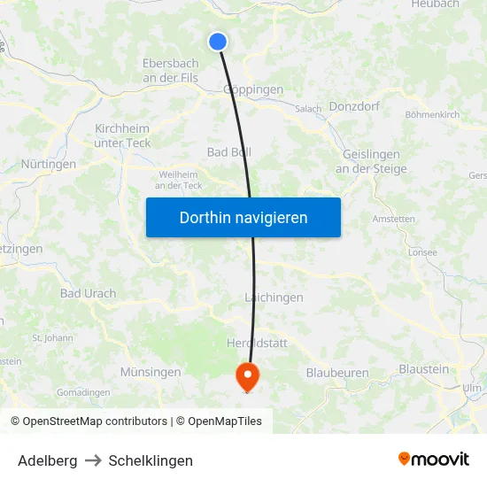Adelberg to Schelklingen map
