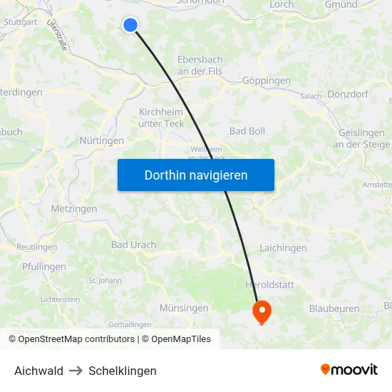 Aichwald to Schelklingen map