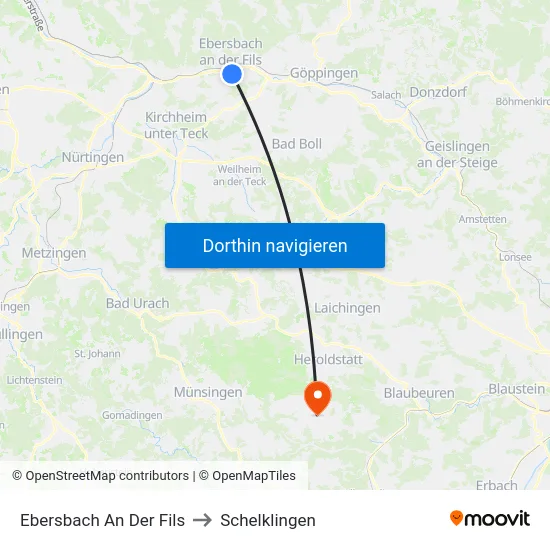 Ebersbach An Der Fils to Schelklingen map