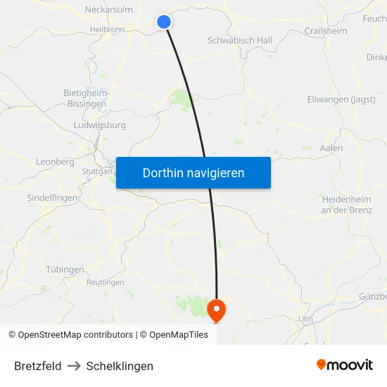 Bretzfeld to Schelklingen map