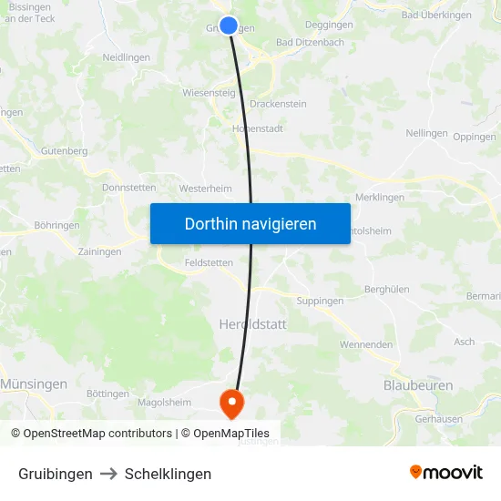 Gruibingen to Schelklingen map