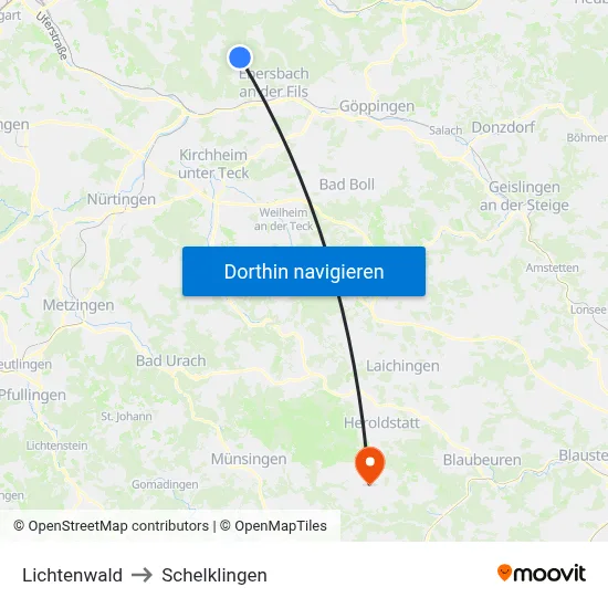 Lichtenwald to Schelklingen map